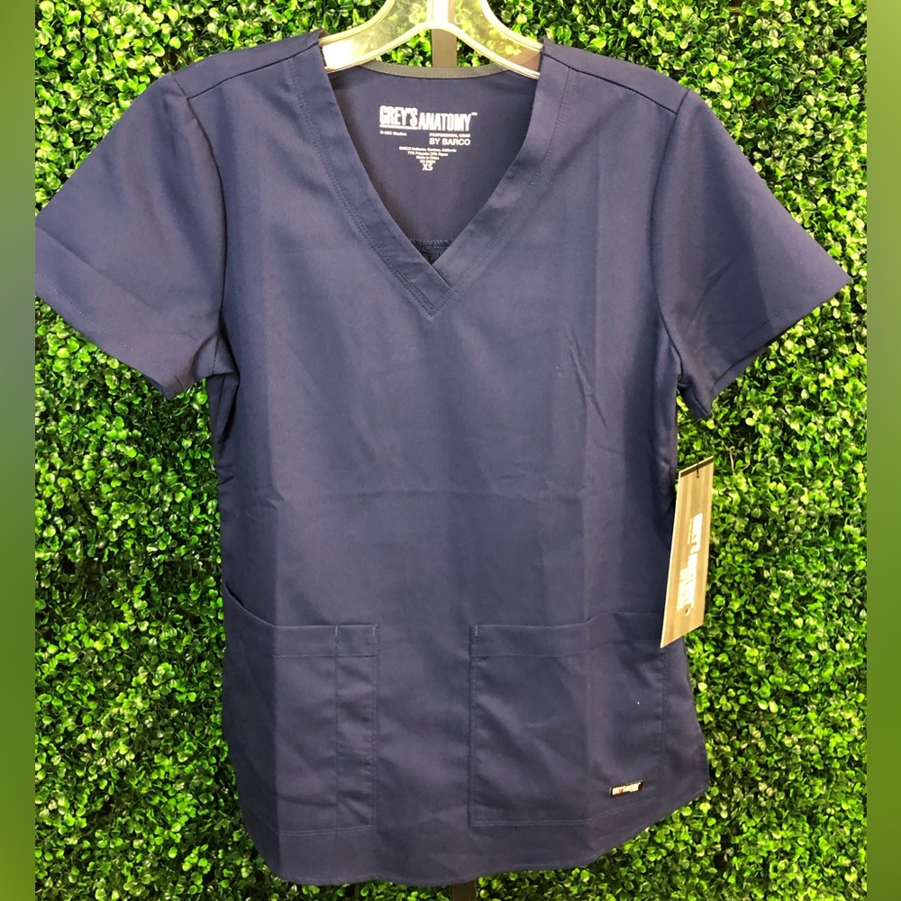 NWT Barco Greys Anatomy Navy Women’s V Neck Scrunch Back Scrub Top Size XS